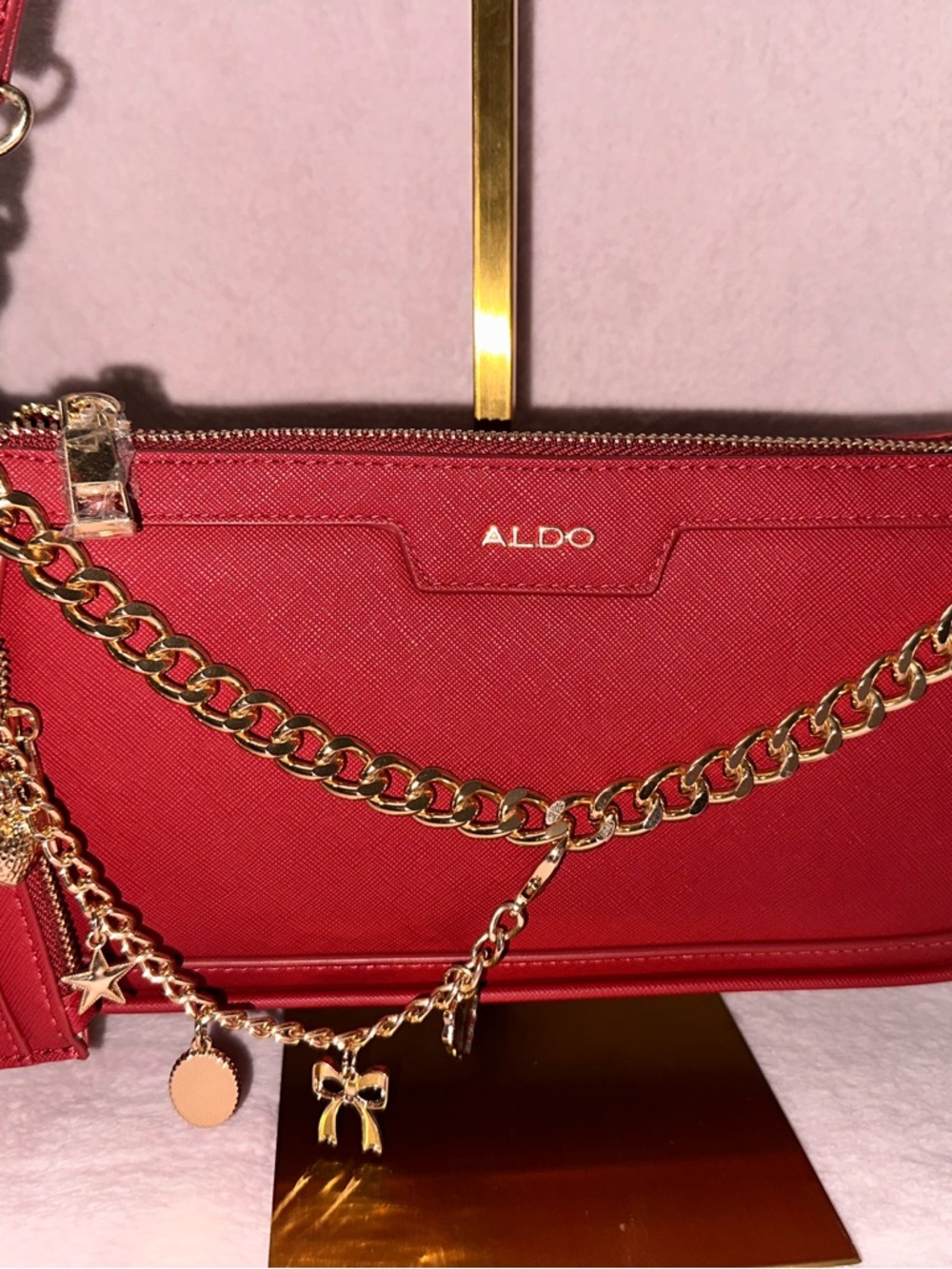 Aldo Red Saffiano Wallet Clutch with Gold Chain Charm